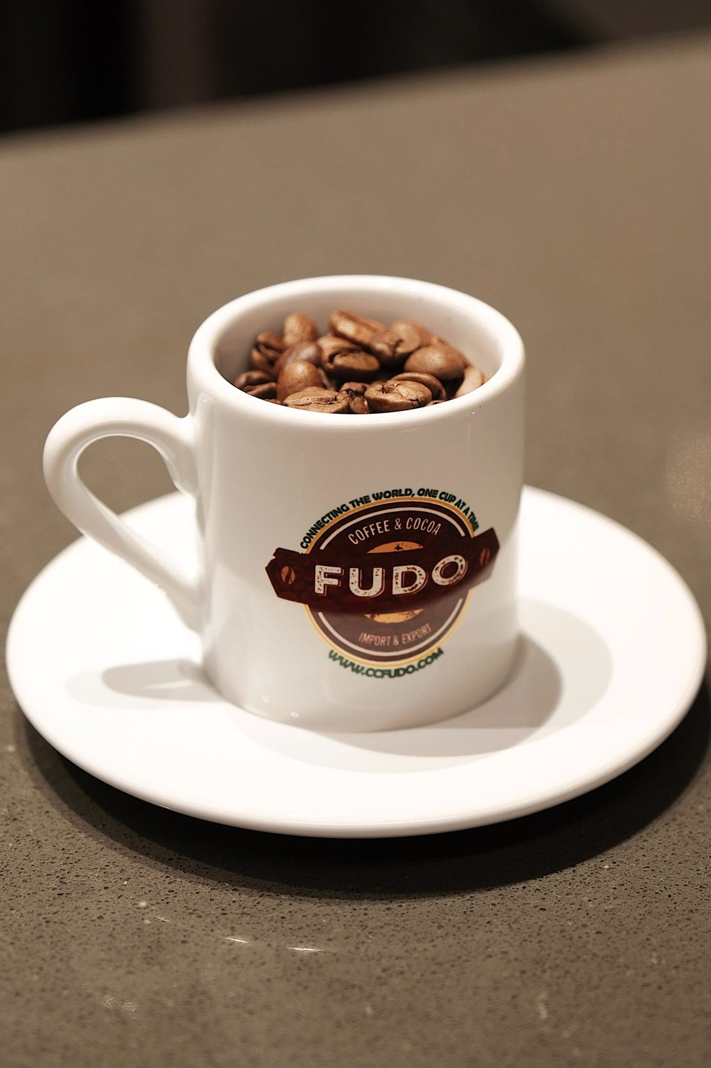 A FUDO espresso cup filled with coffee beans